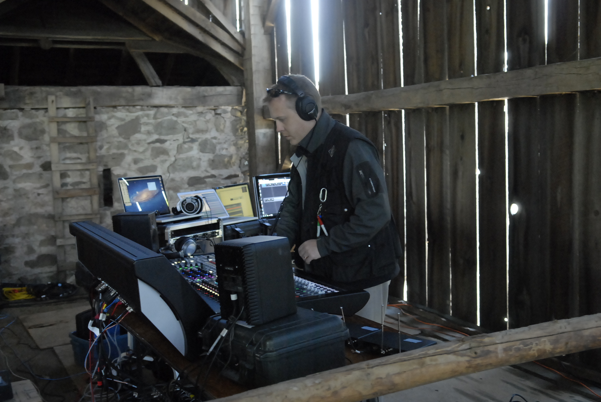 Michael Nunan recording and mixing on a Lawo mc56 console during a remote recording session